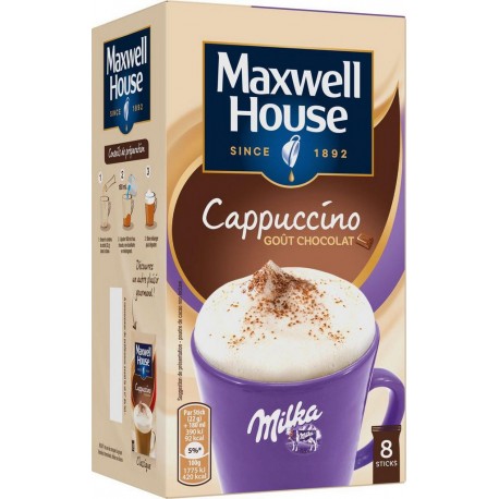 MAXWELL HOUSE Cappuccino café soluble goût chocolat MILKA en stick (8 sticks) 176g
