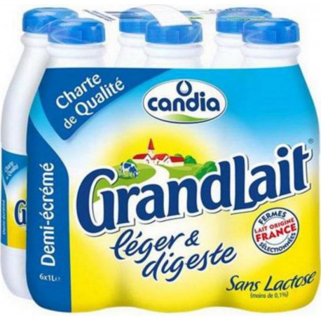 Candia GrandLait demi-écrémé léger et digeste 1L (pack de 6)